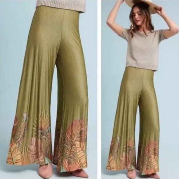 FARM Rio Guadalupe Tropical Parrot Palm Print High Rise Wide Leg Pants Medium - Picture 1 of 9